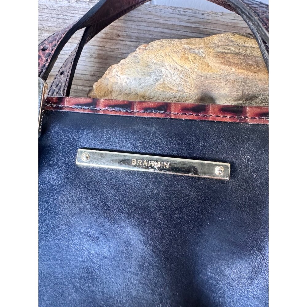 Brahmin Leather Satchel Shoulder Crossbody Bag Black Brown Croc Embossed Zip Top - Picture 2 of 9